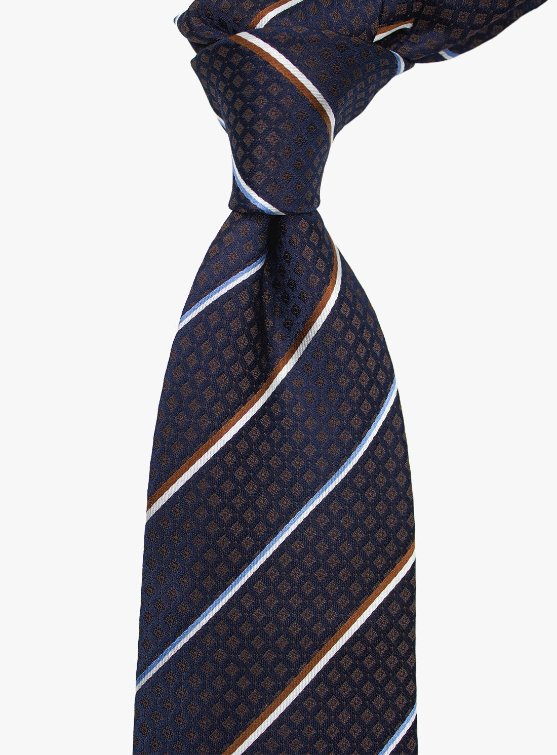 Navy blue patterned tie with white and gold stripes on a white background