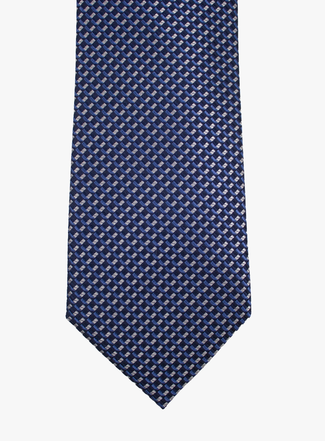 Navy blue tie with a subtle pattern on a white background