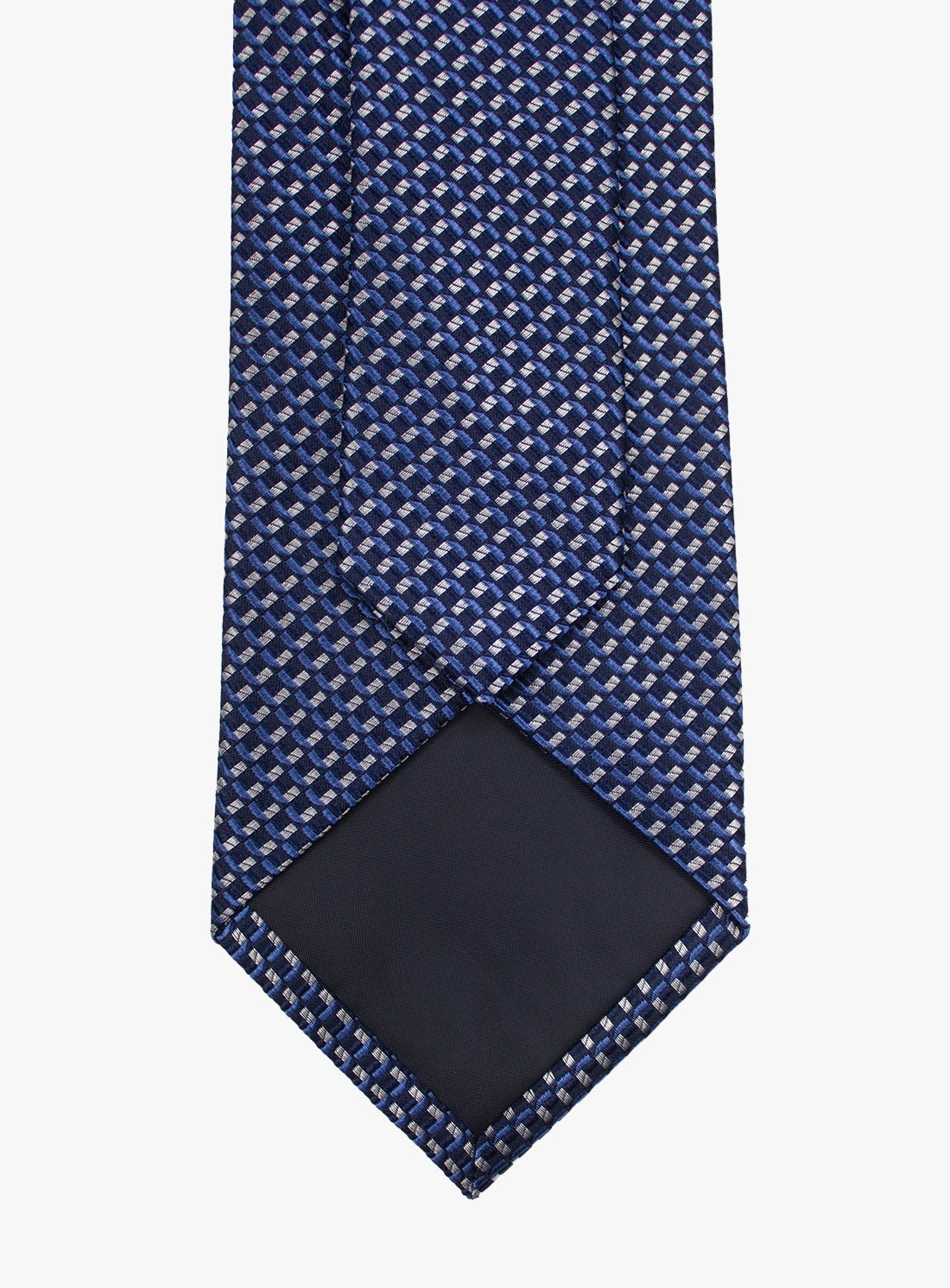 Blue patterned tie with a matching pocket square on a white background