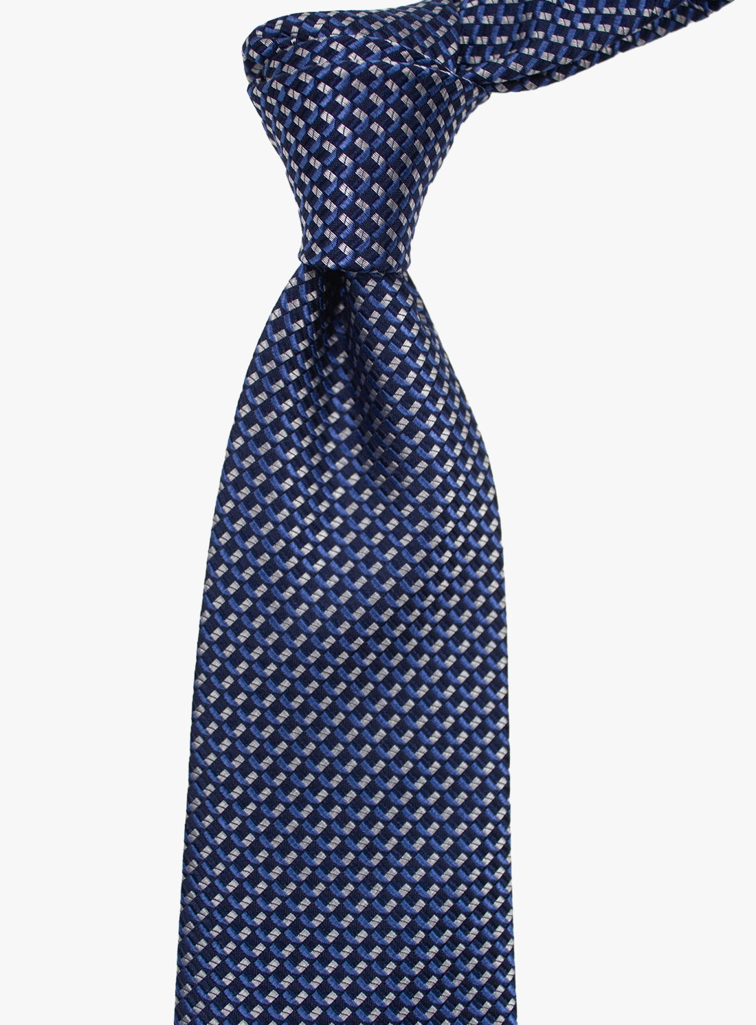 Blue patterned tie on a white background