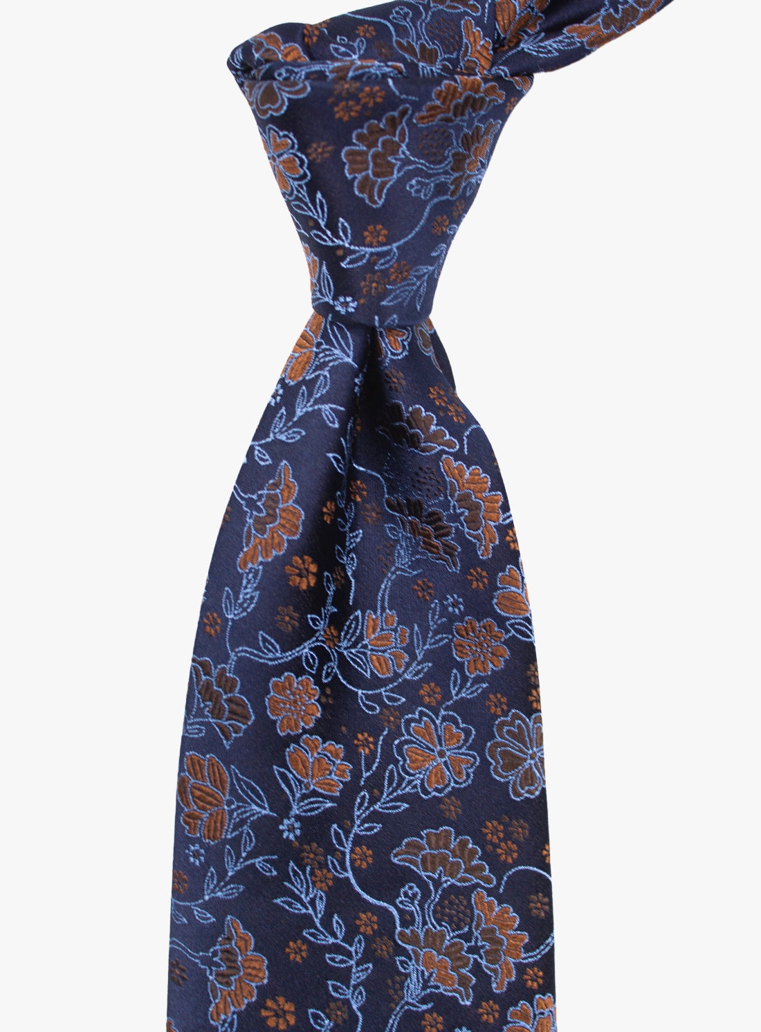 Navy blue floral patterned tie on a white background