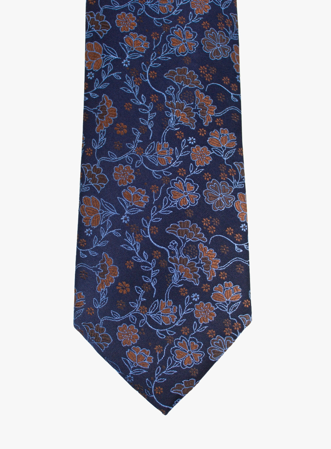 Navy blue floral patterned tie on a white background