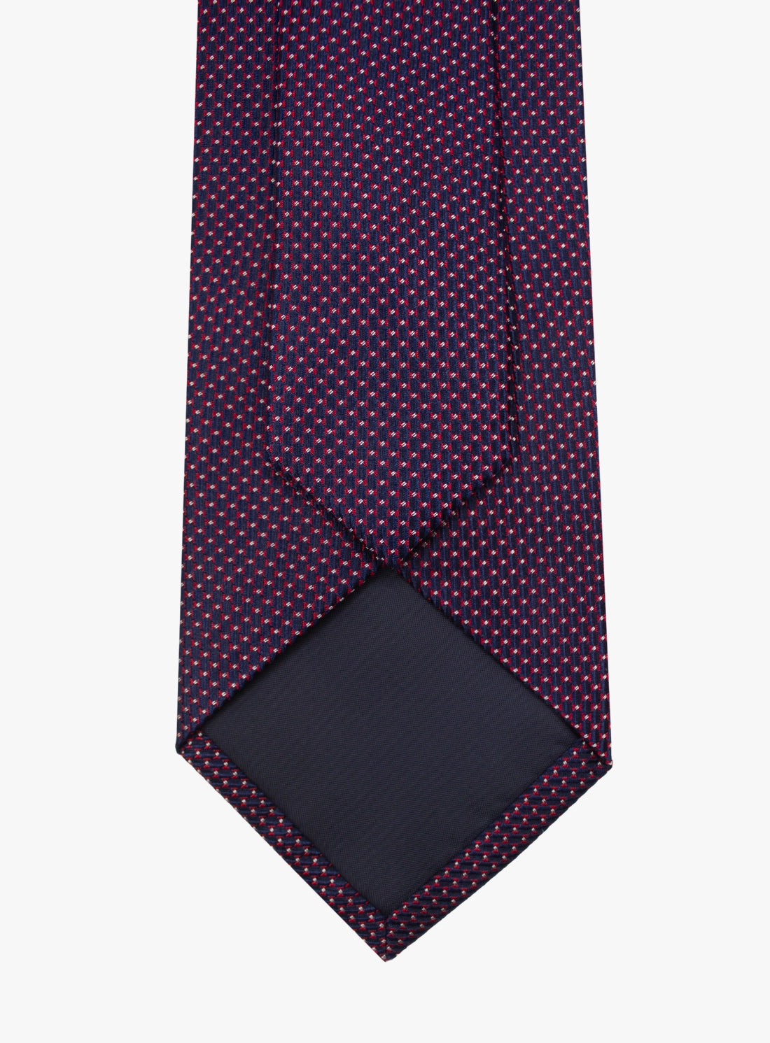 Navy tie with pink geometric pattern on a white background