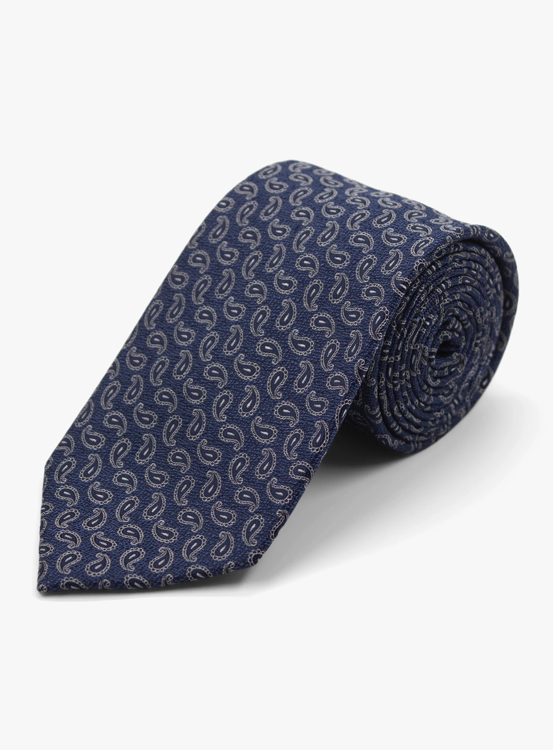 Navy blue tie with a subtle pattern on a white background