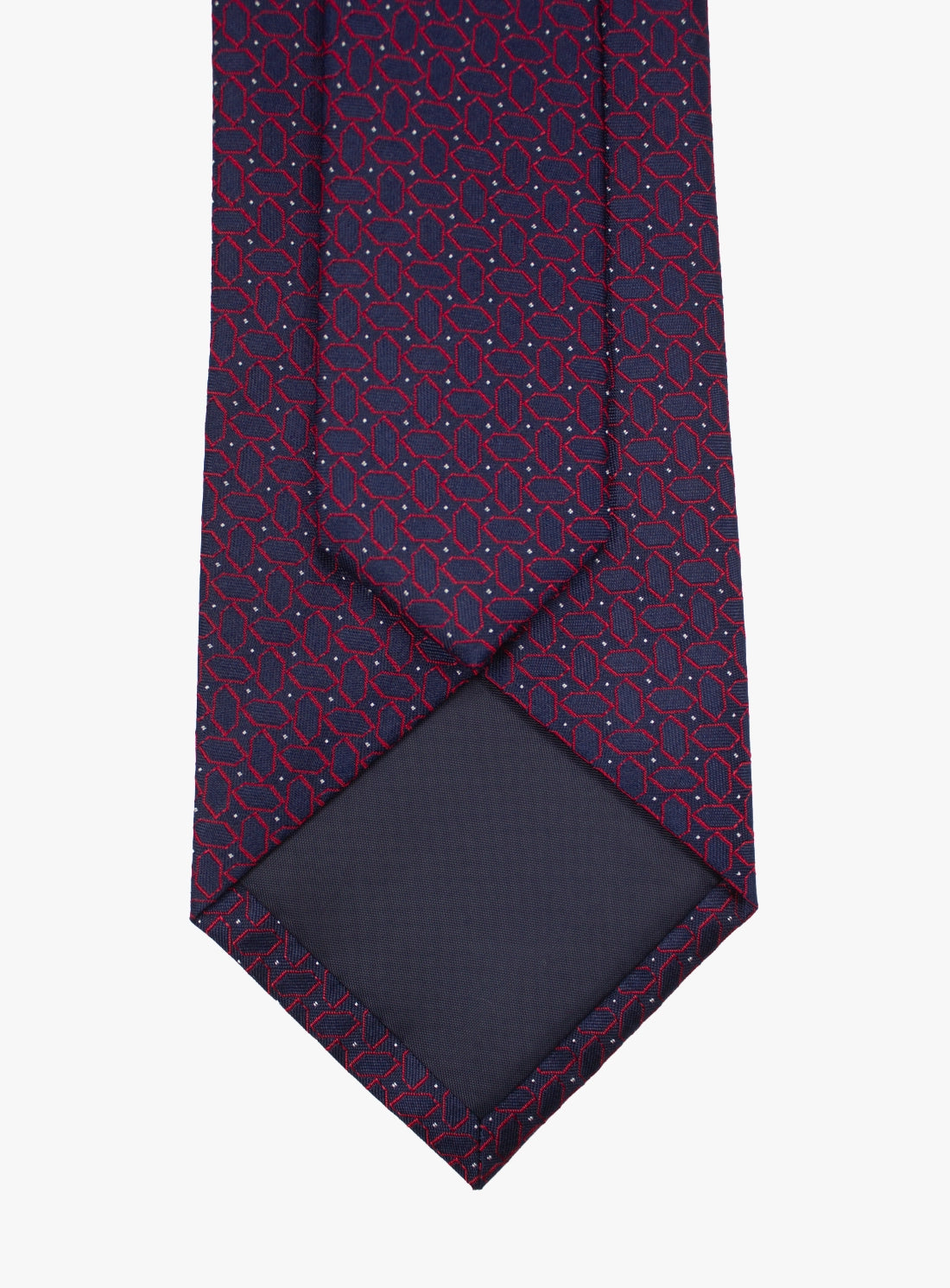 Navy blue tie with red pattern on a white background