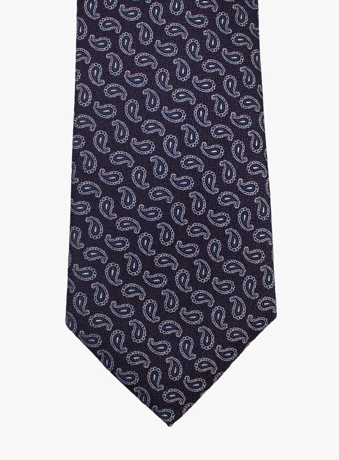 Navy blue tie with white paisley pattern on a white background