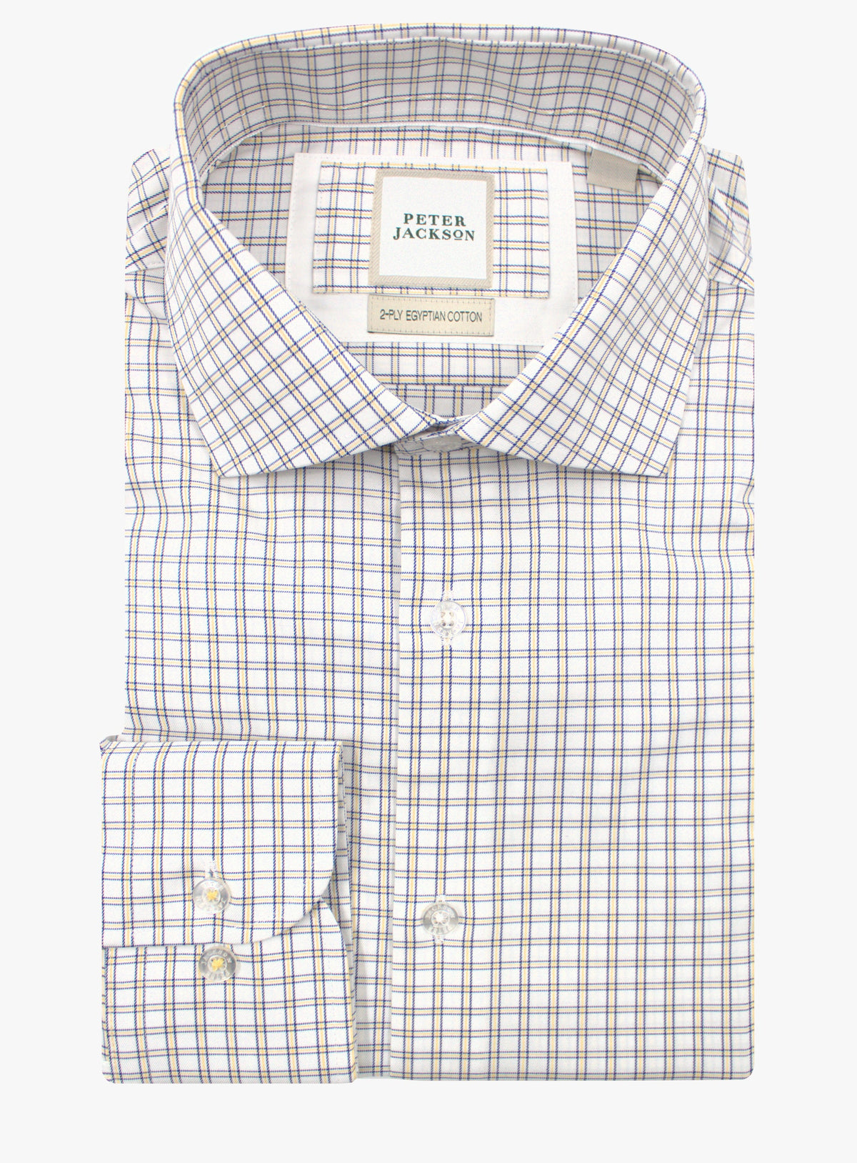 Front view of Milan yellow and navy mini plaid men's business shirt with cutaway collar