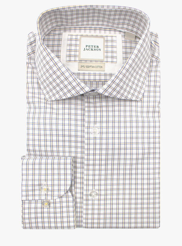 Front view of Milan yellow and navy mini plaid men's business shirt with cutaway collar