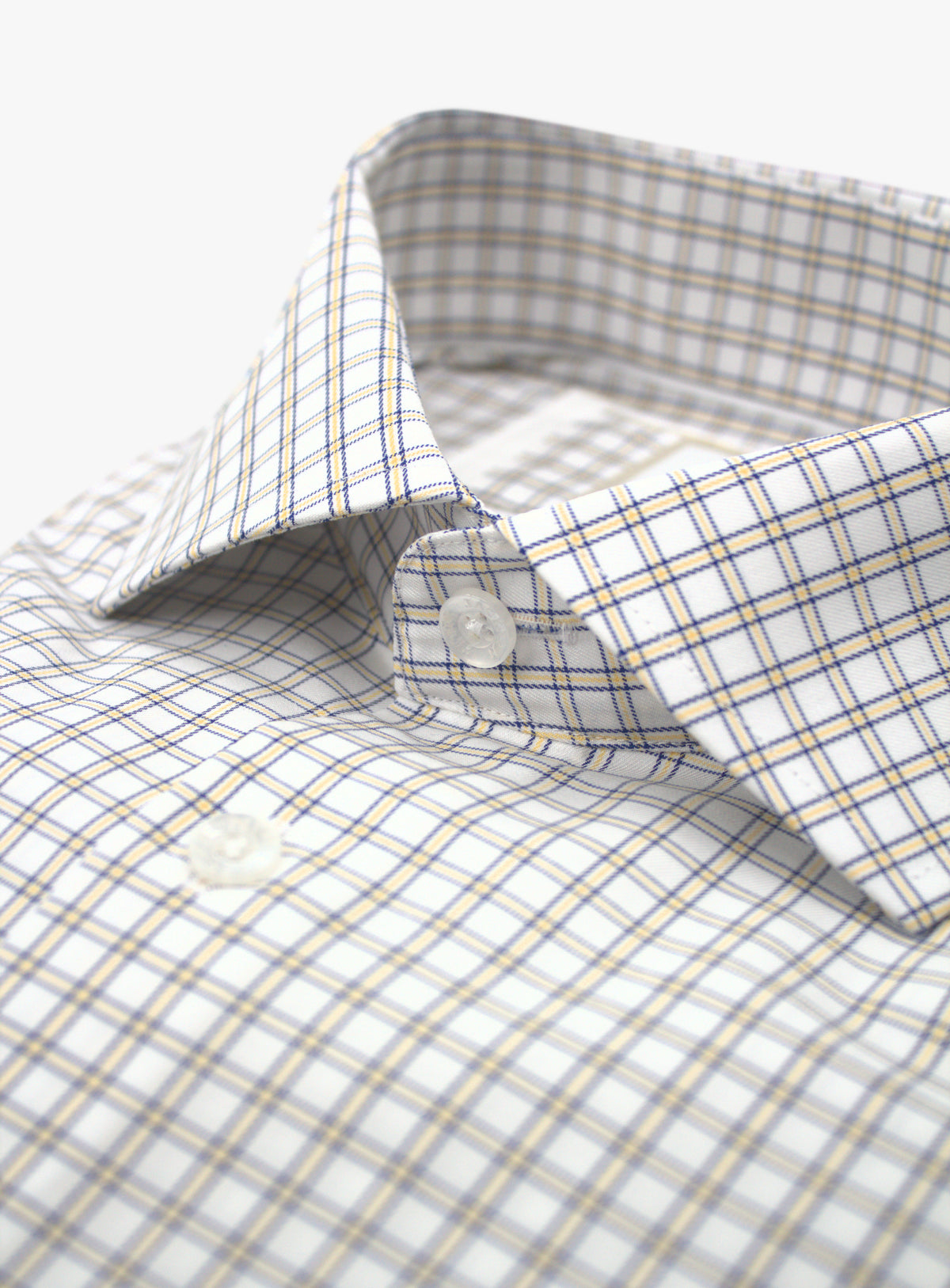 Cutaway collar detail of Milan yellow and navy mini plaid shirt