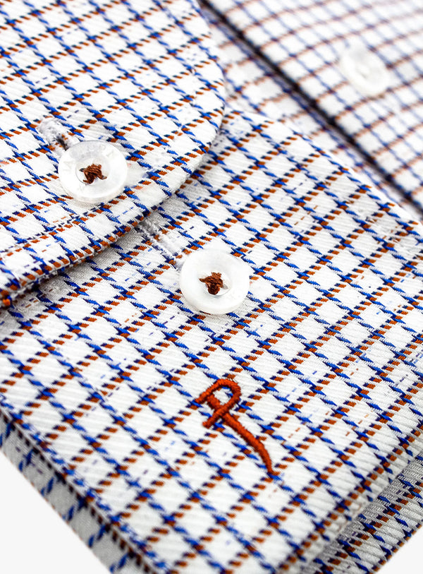 Milan White Luxury weave with Blue/Orange mini Check Shirt