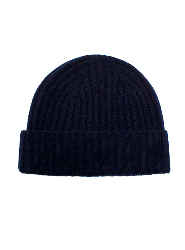 Navy Wool Cashmere Ribbed Beanie Texture