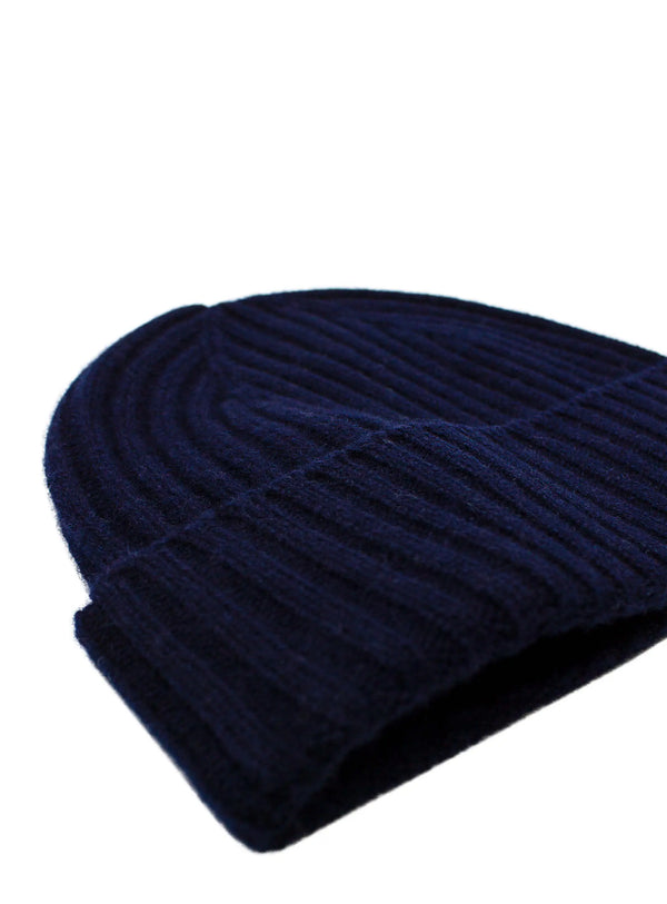 Navy Wool Cashmere Ribbed Beanie Texture