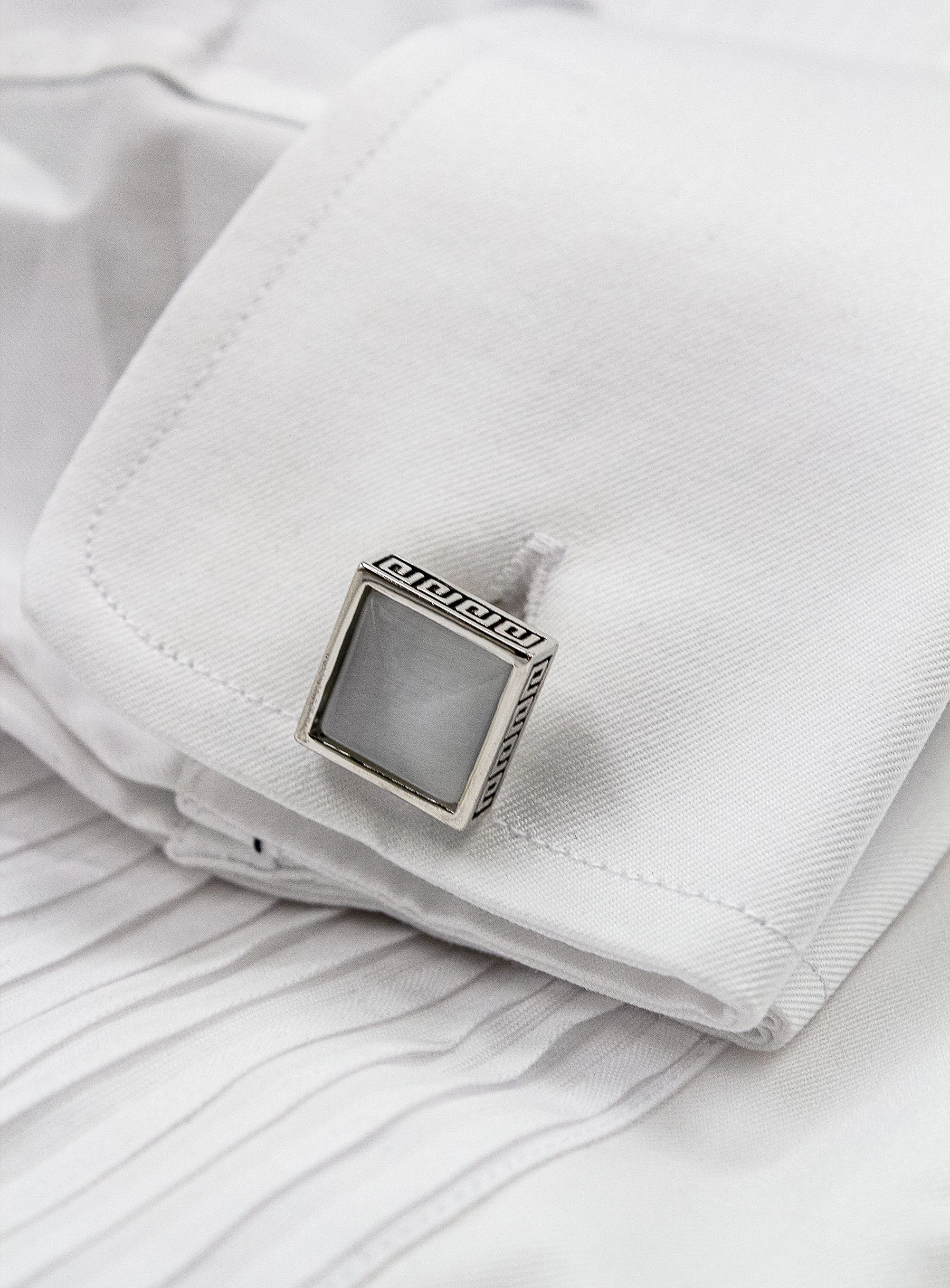 square silver with mother of pearl detailed cufflinks in shirt