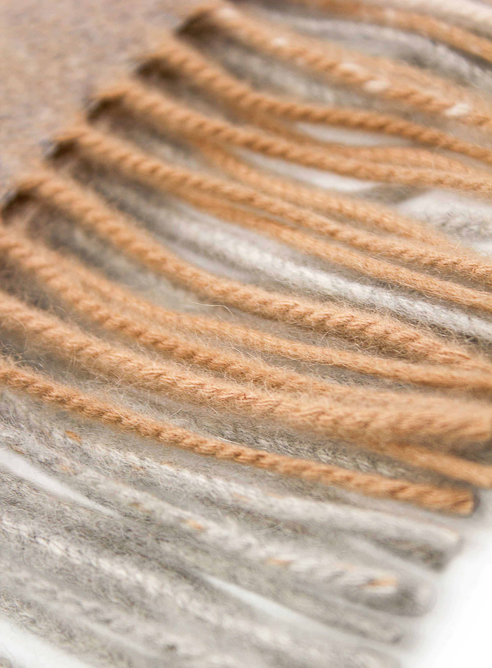 tan and grey pure wool scarf fringe detail