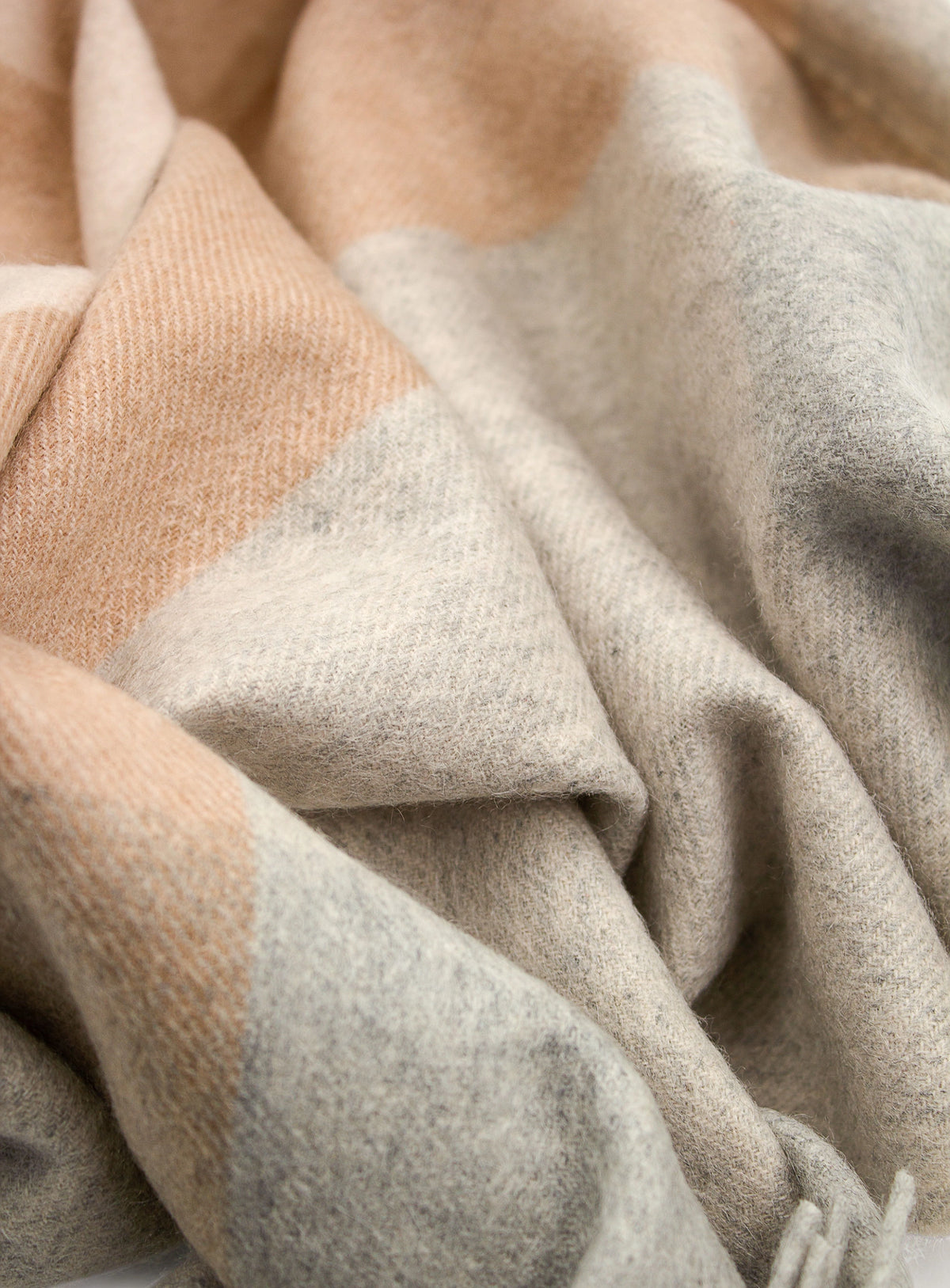 tan and grey pure wool scarf pattern and texture detail
