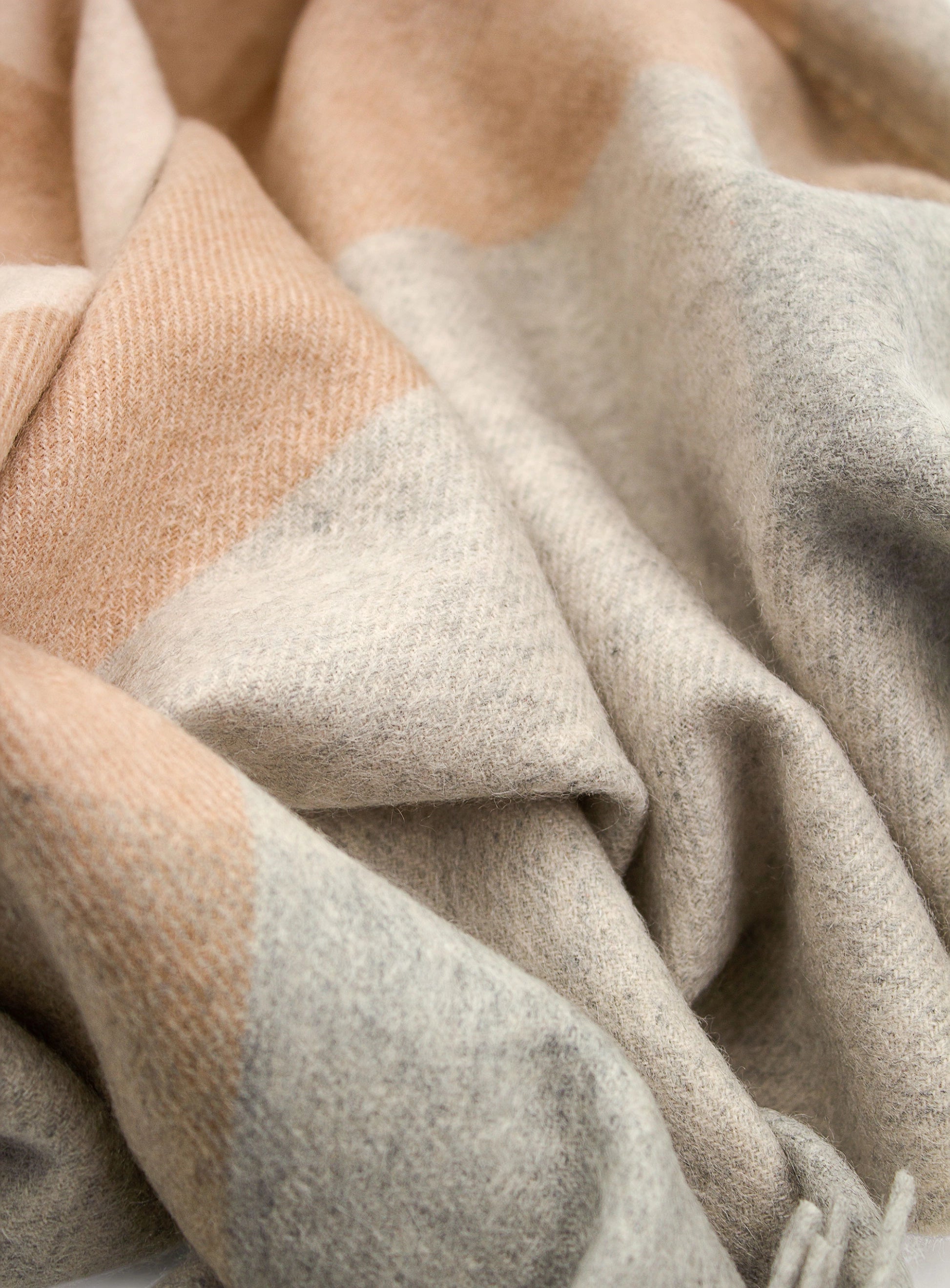 tan and grey pure wool scarf pattern and texture detail